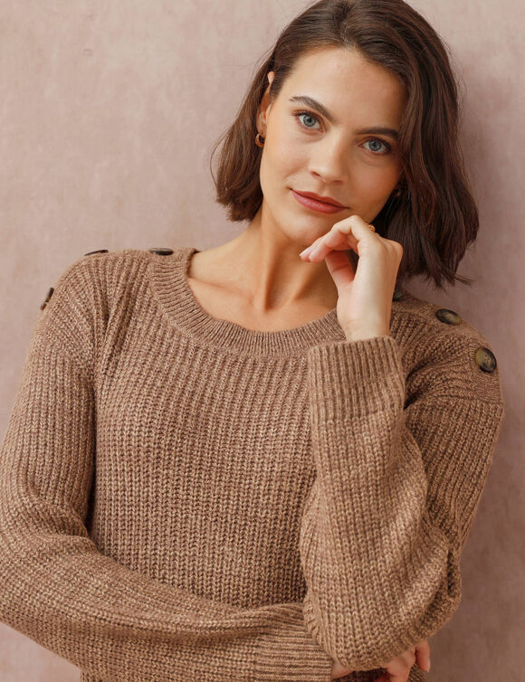 Robe-pull chinée manches longues, épaule boutonnée (taupe chiné)