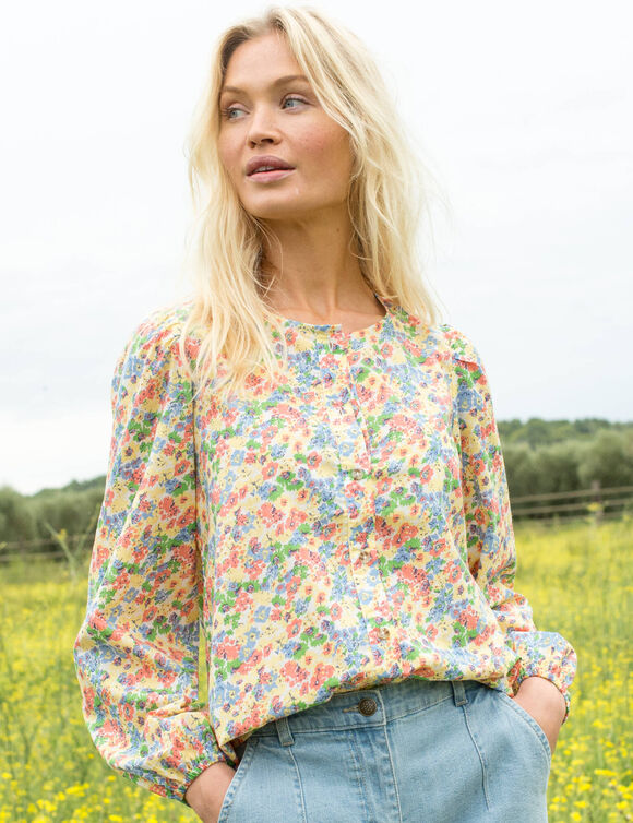 Chemisier col rond imprim&eacute; fleuri, manches longues blousantes (jaune / bleu)