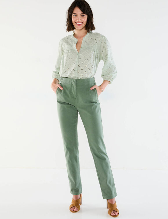 Chemisier broderie anglaise, smocks et col volant&eacute; (vert amande)