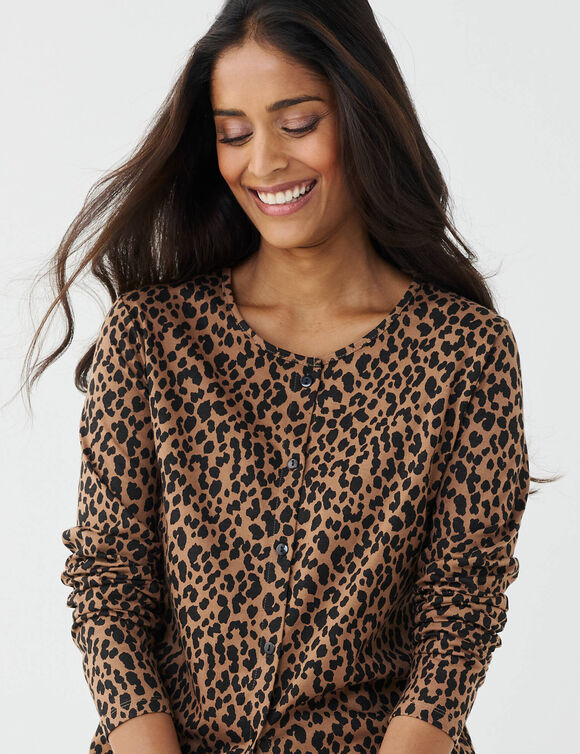 Cardigan met knopen en luipaardprint (taupe / zwart)