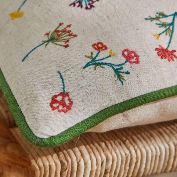 Coussin coton lin broderie fleurie (vert / orange)