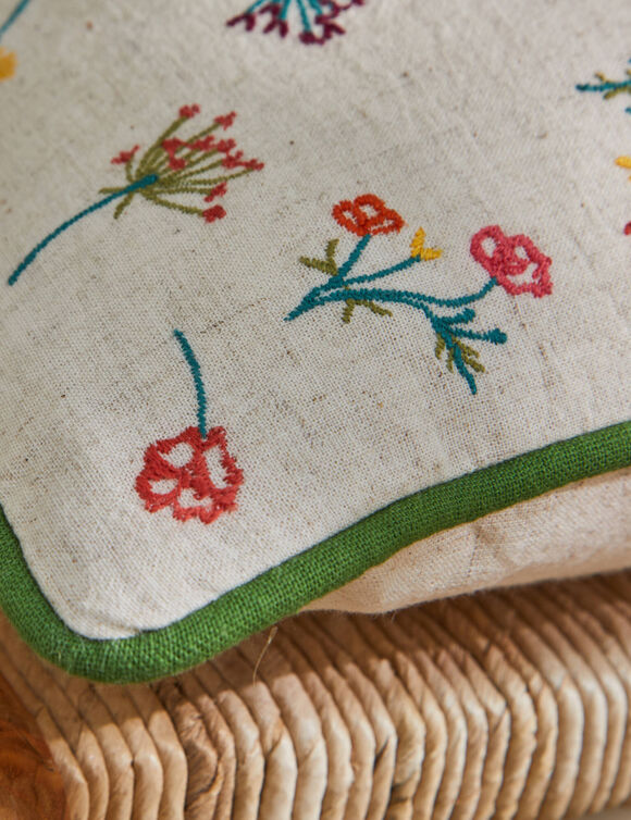 Kussen in katoen/linnen met bloemenborduursel (groen / oranje)