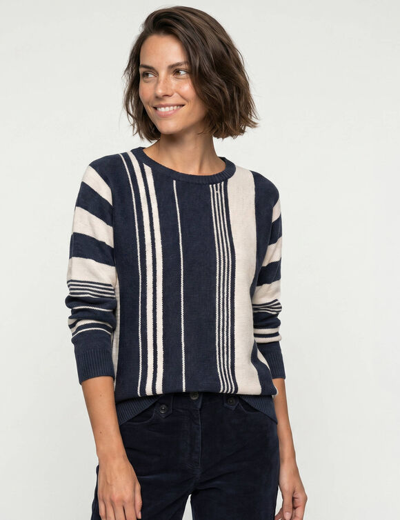 Trui in blousonstijl met verticale strepen, losse pasvorm (marine / beige)