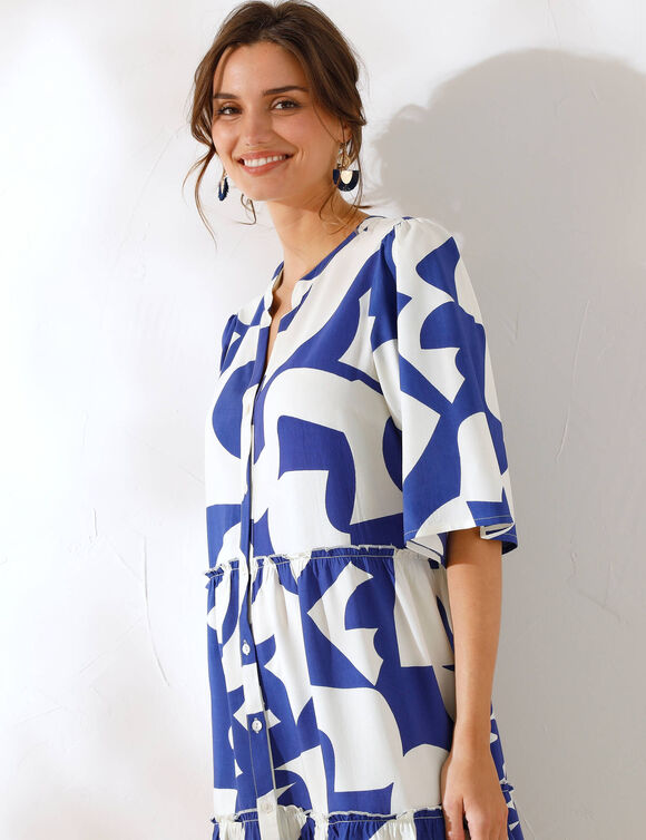 Robe boutonnée imprimée, col tunisien (bleu)