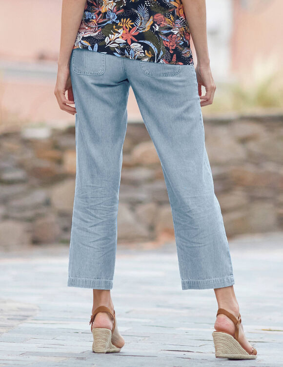 Pantalon coupe droite 7/8ème taille élastiquée, denim (bleached clair)