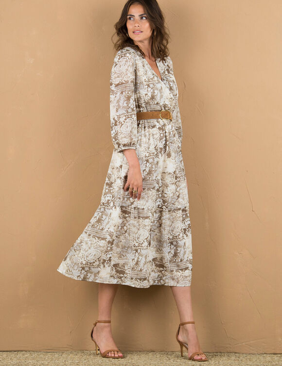 Robe longue cache-coeur manches 7/8, imprimé cachemire (beige)