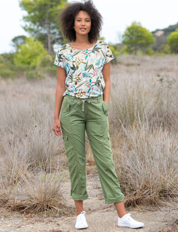 T-shirt col rond imprimé tropical (blanc / kaki)