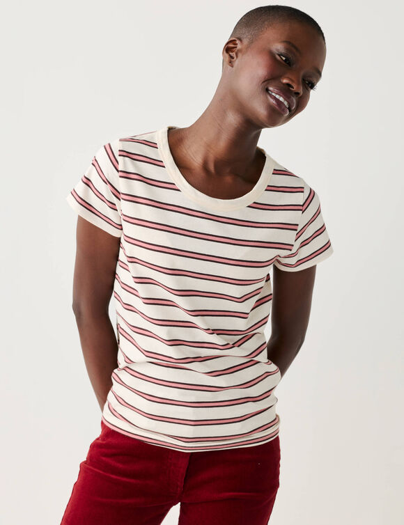 Gestreepte T-shirt van geverfde draden, met ronde hals en korte mouwen (ecru / roze)