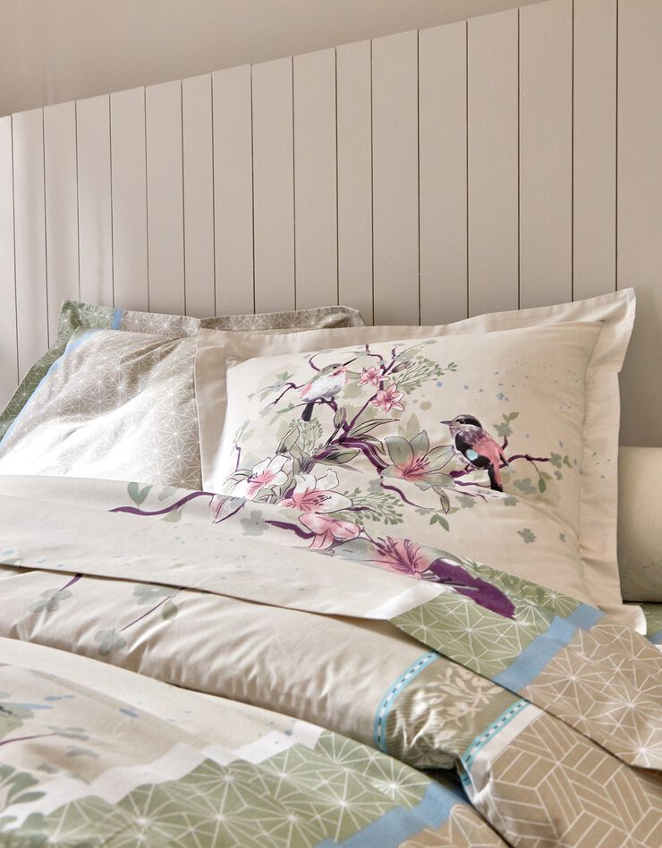 Linge de lit Birdy en coton imprimé oiseaux (sable)