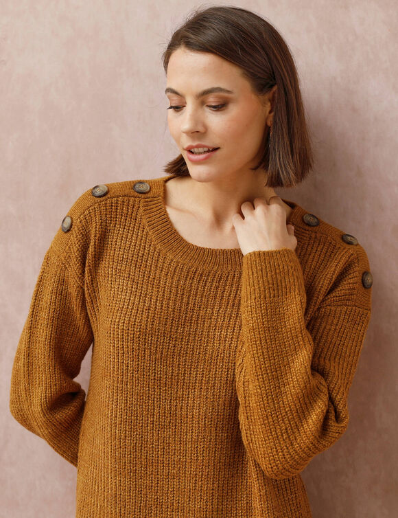 Robe-pull chinée manches longues, épaule boutonnée (havane chiné)