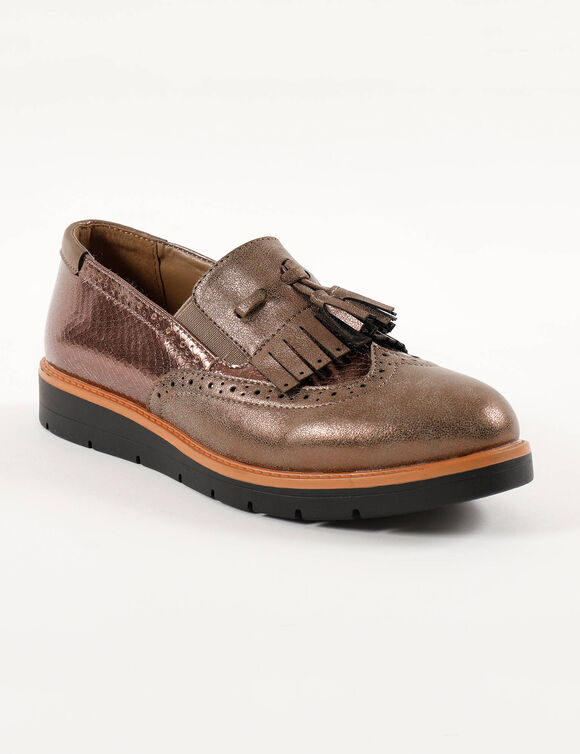 Slippers met sleehak, franjes en kwastjes (bruin)