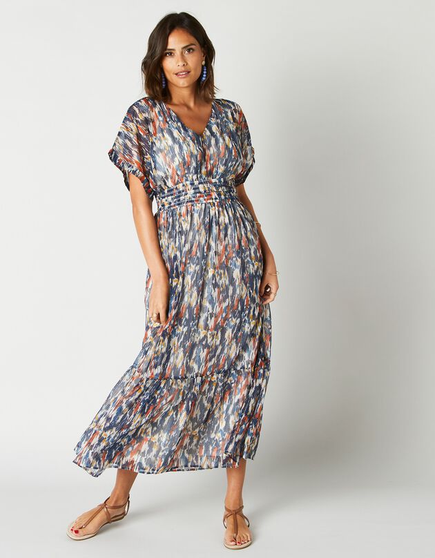 Robe longue voile imprimé avec fils lurex® - manches courtes (bleu)