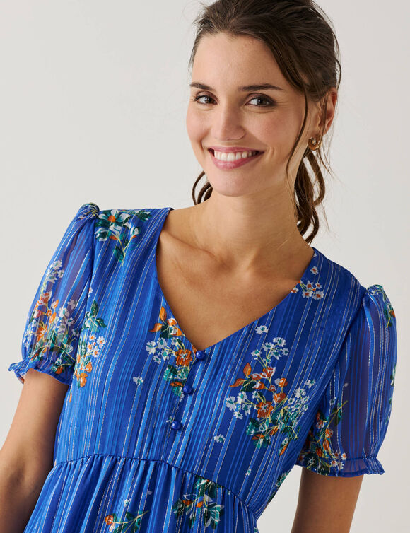 Robe courte imprim&eacute; floral, voile fils brillants (bleu / orange)