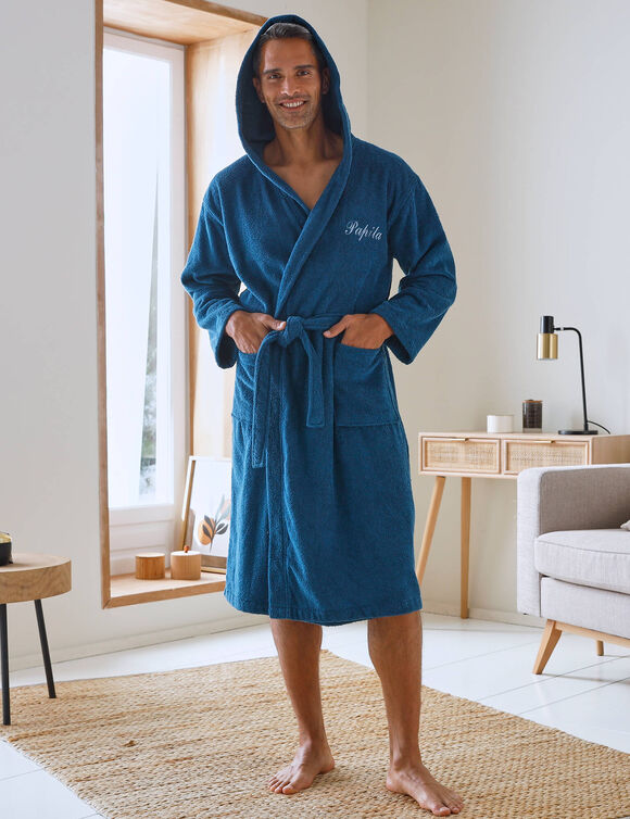 Gepersonaliseerde badjas met capuchon voor volwassenen (unisex) - lusjesbadstof 380 g/m&sup2; (pauwblauw)