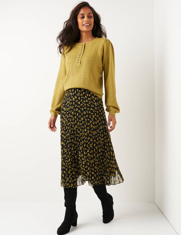 Jupe longue plissée, voile imprimé léopard (noir / olive)