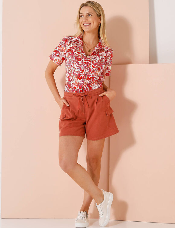 Chemisier manches courtes imprimé fleuri (blanc / pêche)