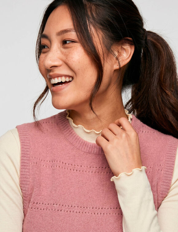 Pull col rond, sans manches, maille fantaisie (rose)