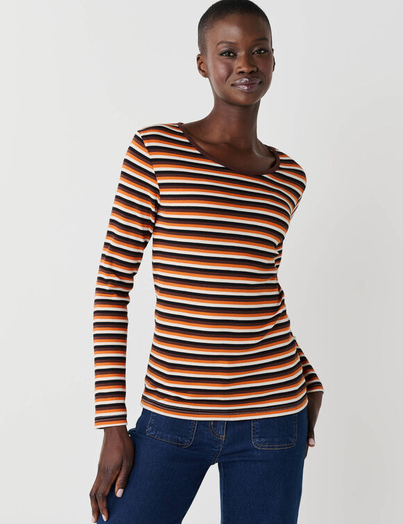 T-shirt ray&eacute; col rond en maille c&ocirc;tel&eacute;e, manches longues (chocolat / &eacute;cru)