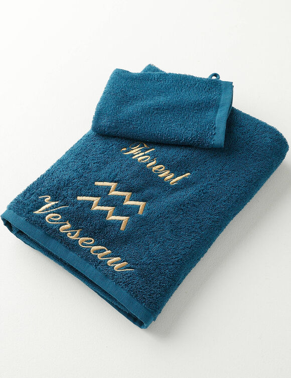 Serviettes de bain brodées Verseau personnalisable - 420g/m2 (bleu paon)