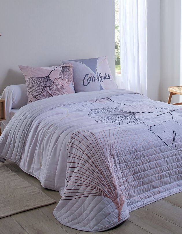 Gematelasseerde bedsprei met ginkgoprint (grijs / roze)