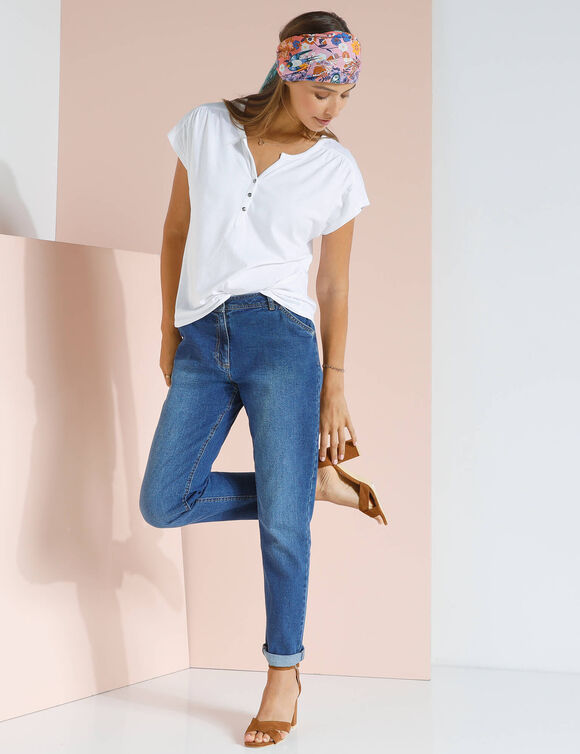 Tee-shirt col tunisien manches courtes, uni (blanc)