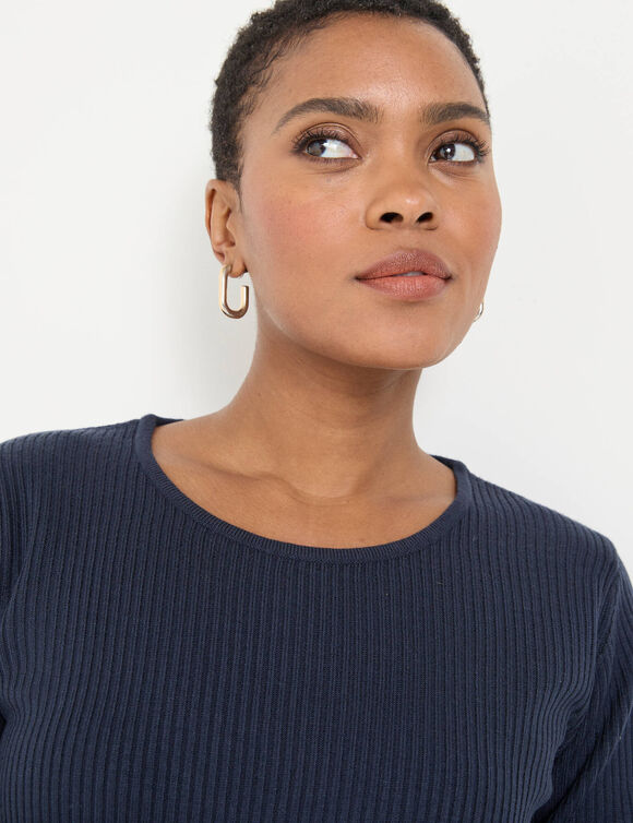Pull col rond manches longues maille côtelée (marine)