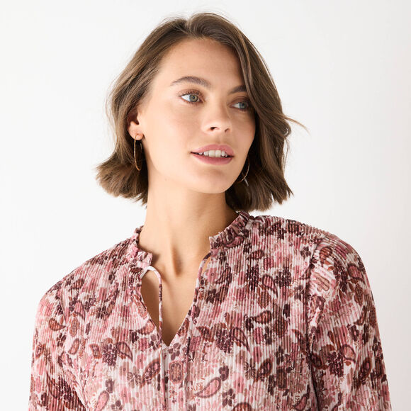 Bloes met pliss&eacute; en bloemenprint, in voile (roze / chocolade)