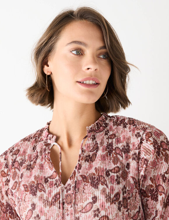 Blouse plissée imprimé fleuri, voile (rose / chocolat)