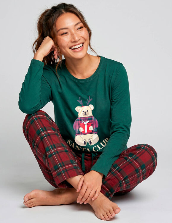 Pyjama pantalon femme, esprit No&euml;l en coton flanelle, avec son pochon (rouge / vert)