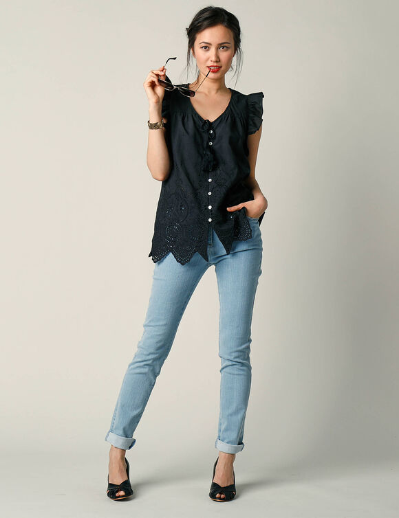 Chemisier boutonné uni, broderie anglaise (noir)