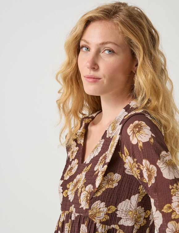 Robe courte texturée imprimée floral (chocolat)