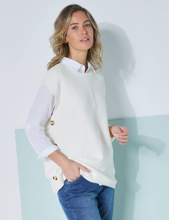 Pull-tunique sans manches à boutons effet corne, maille fantaisie (écru)