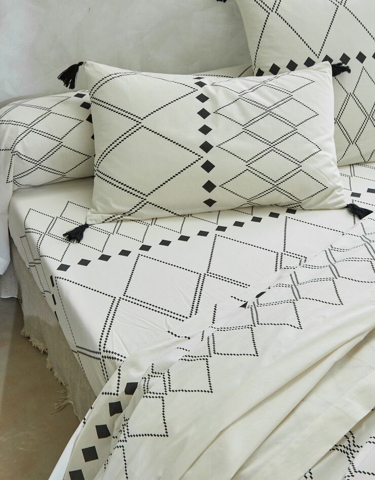 Linge de lit Massai coton à motifs graphiques et finitions pompons (écru)