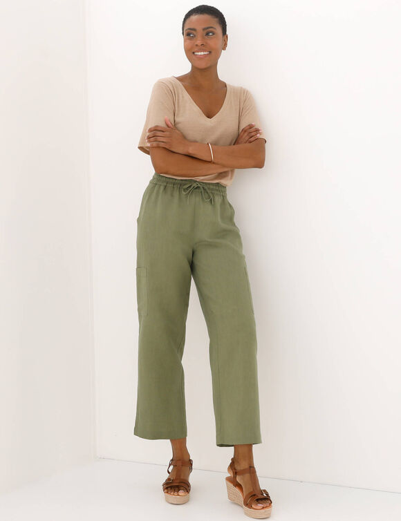 Pantacourt large &agrave; poches en coton-lin (kaki)
