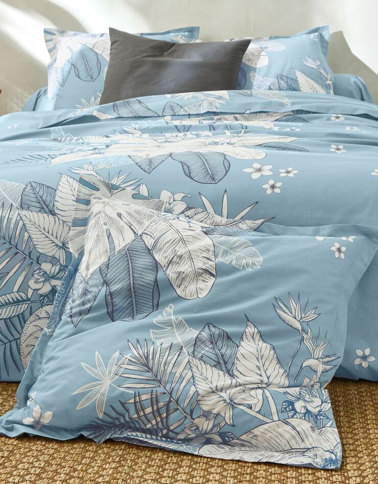 Linge de lit Elyse en coton imprimé fleurs et feuilles de palmes, bleu, hi-res image number 1