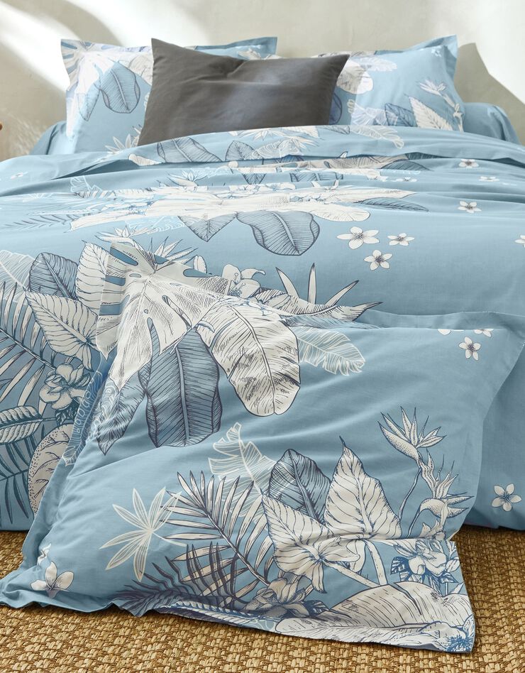 Linge de lit Elyse en coton imprimé fleurs et feuilles de palmes, bleu Linge de lit Elyse en coton imprimé fleurs et feuilles de palmes, bleu, hi-res image number 1