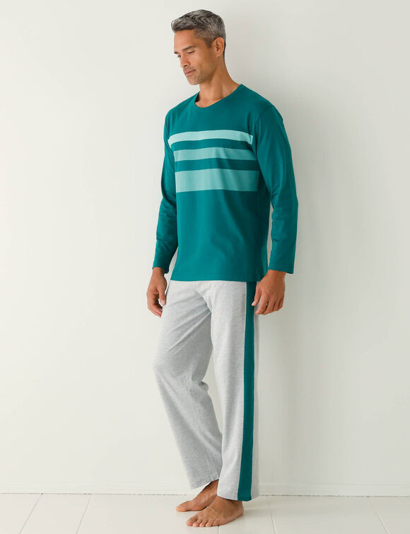 Pyjama in katoen, geplaatste strepen, ronde hals (groen / grijs)