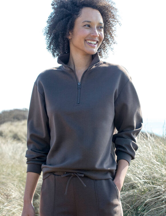 Sweat col montant zipp&eacute;, manches longues, maille milano (chocolat)
