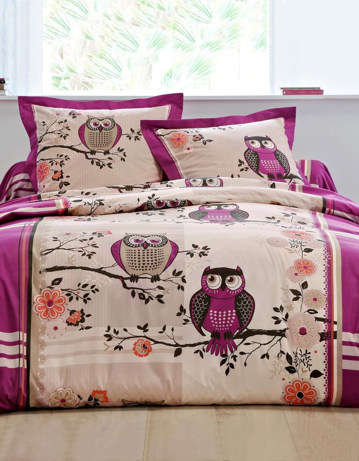 Linge de lit Chouette coton (prune)