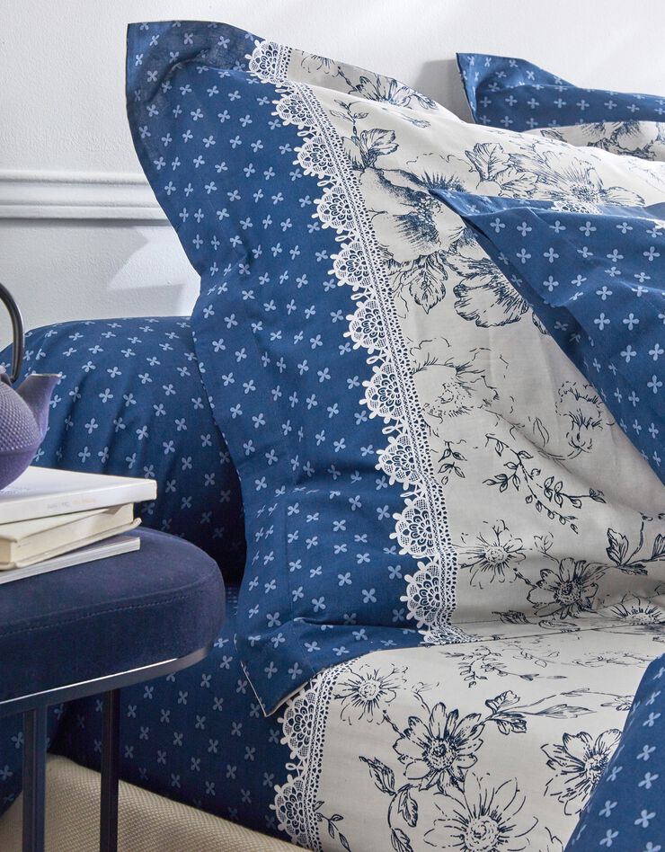 Bedlinnen Gabrielle in katoen met stippen-, bloemen- en kantprint (marineblauw)
