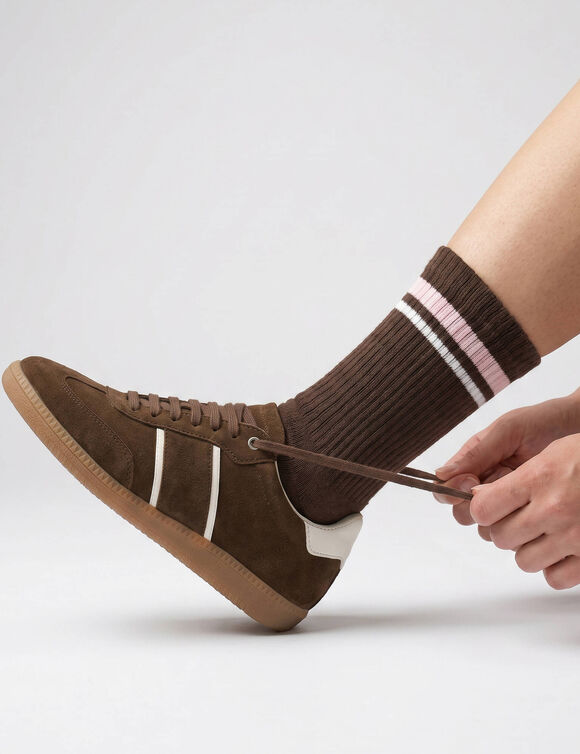 Mi-chaussettes sportswear en c&ocirc;tes et rayures - lot de 3 paires (kaki / chocolat)