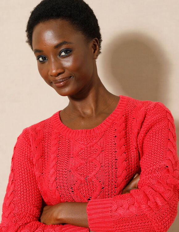 Pull col rond, maille torsadée (rouge)