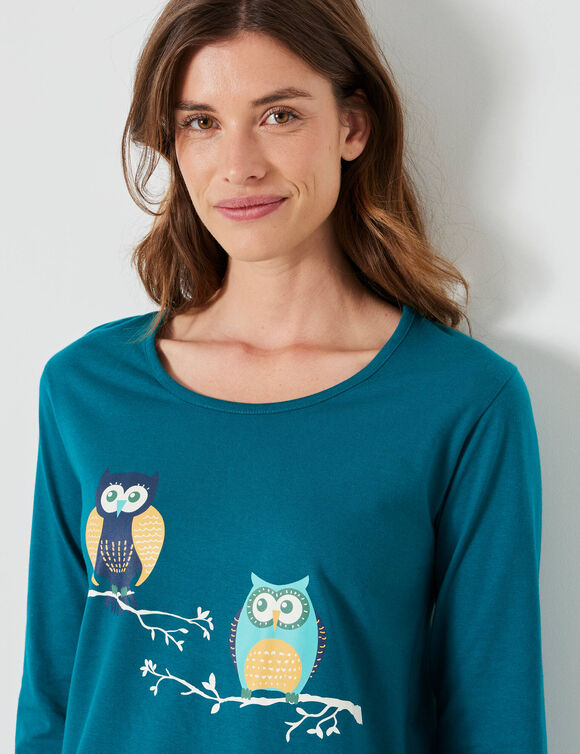 Pyjama en coton imprimé hiboux manches longues  (vert sapin)