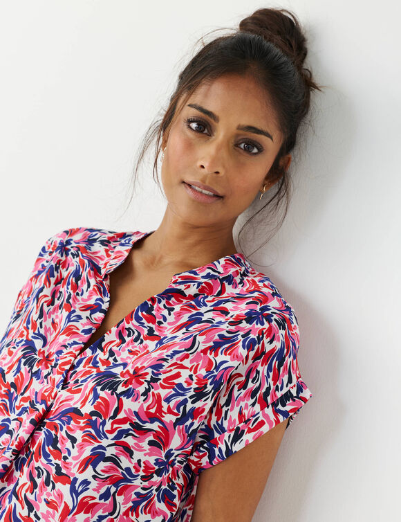 Tunique manches à revers,  imprimé multicolore  (écru / rouge)