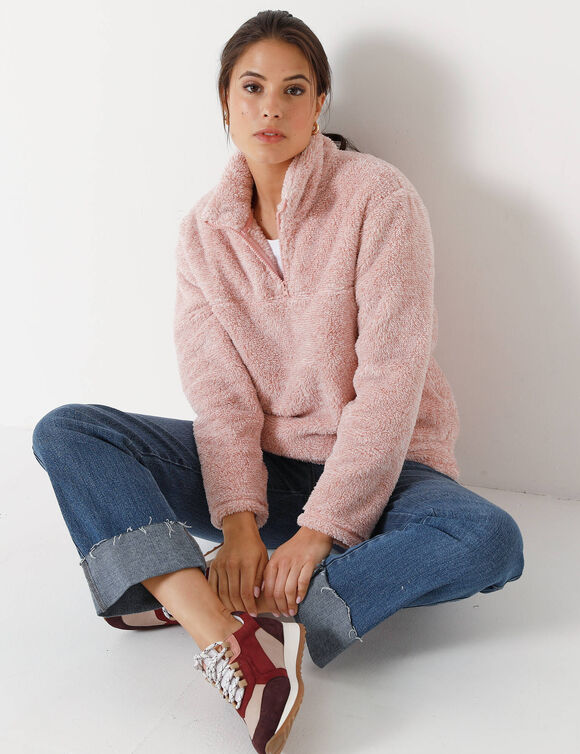Sweat zippé, maille peluche (rose chiné)