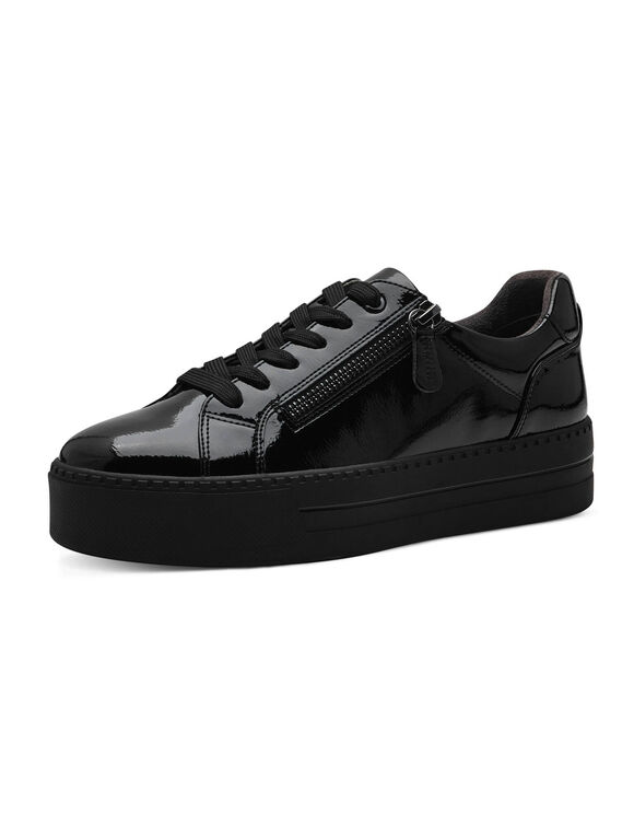 Gelakte sneakers met rits en sleehak (zwart)