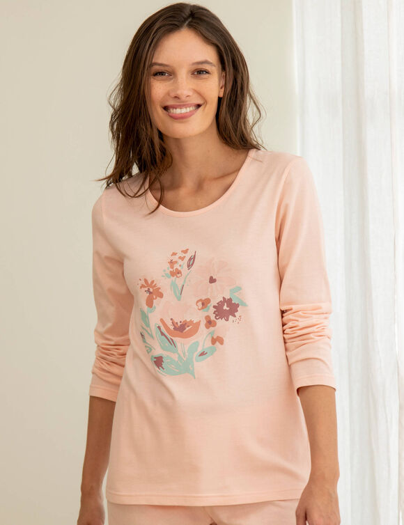 Pyjama en coton motif plac&eacute; fleurs manches longues  (rose p&acirc;le)