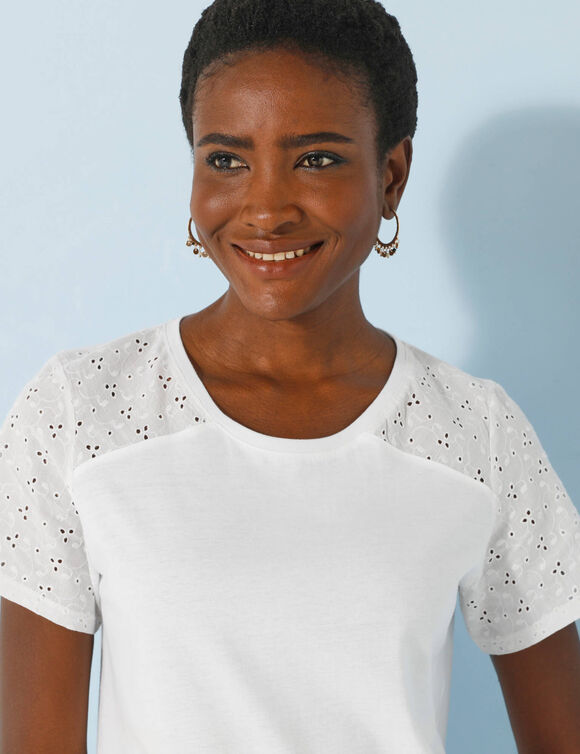 T-shirt col rond manches courtes, d&eacute;tail broderie anglaise (blanc)