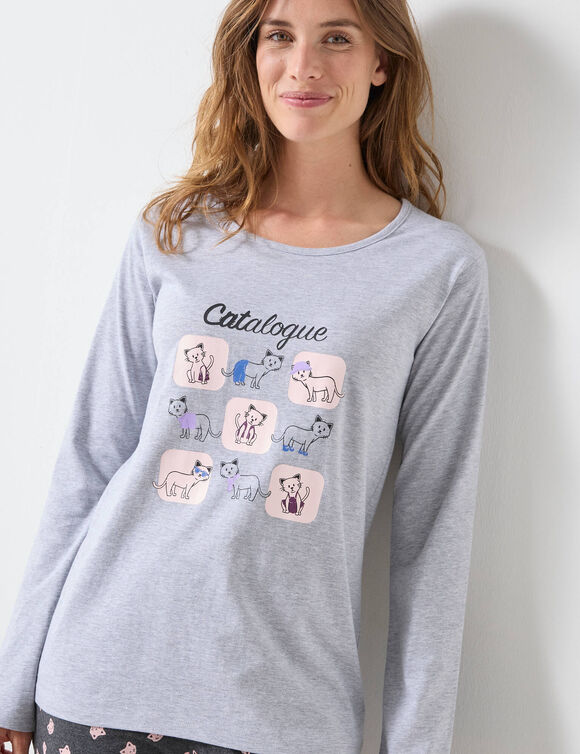 Pyjama pantalon imprimé avec pochon assorti (gris chiné)