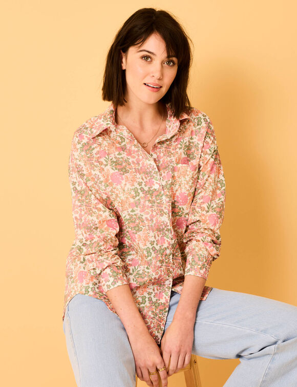Chemise oversize imprimé fleuri (écru / rose)